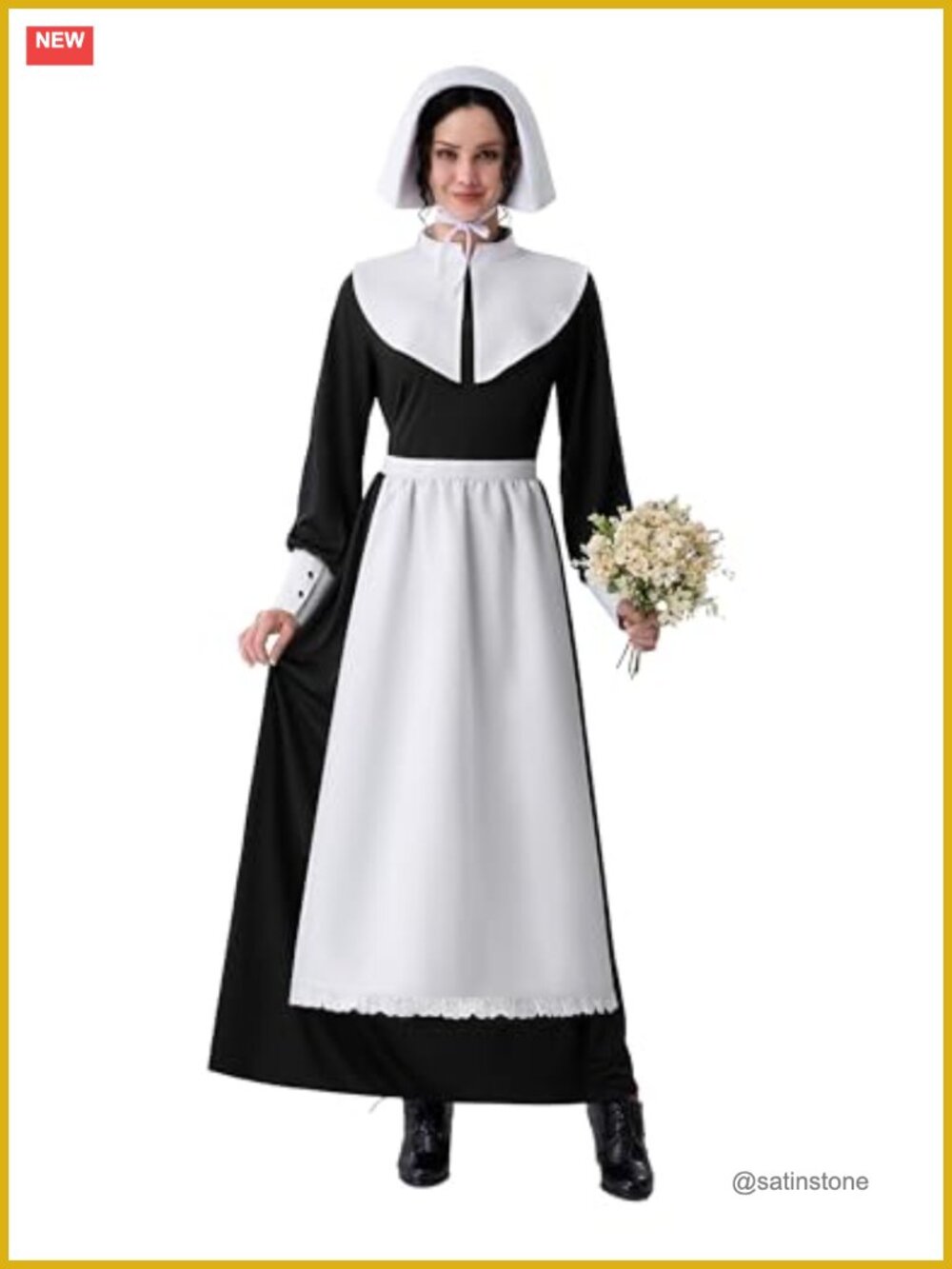 Colonial Costume Women Pioneer Dress Full-Length with Apron & Bonnet Halloween